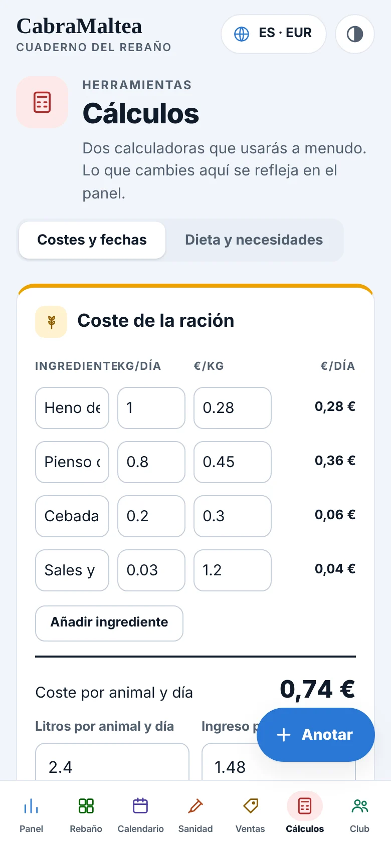 Pantalla de cálculos