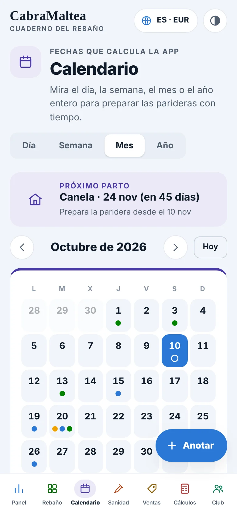 Calendario con partos previstos y tareas del rebaño