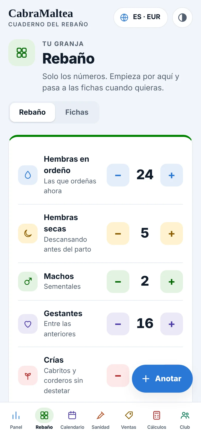 Lista del rebaño con fichas de cada animal