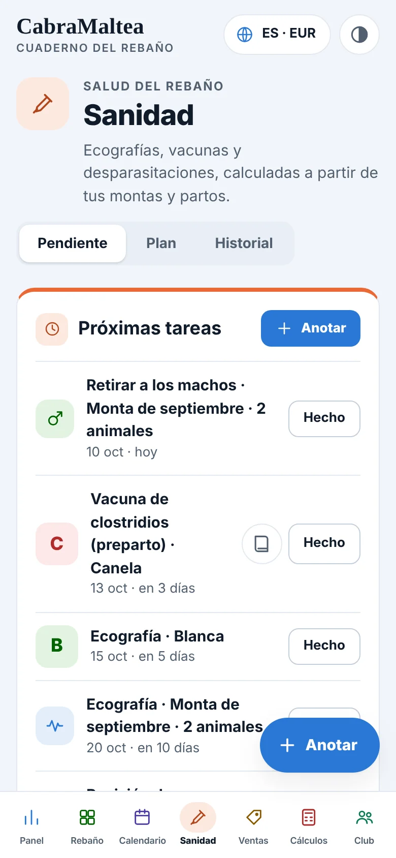 Pantalla de sanidad con vacunas y desparasitaciones